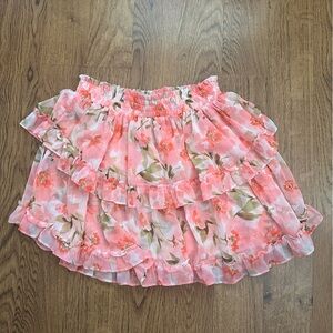 Misa Los Angeles Floral Pink Ruffle mini Skirt size small lined elastic waist